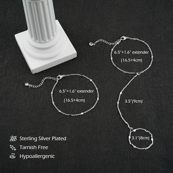 Silver Dainty Plated Stackable Link Chain Ring Bracelet Hand Chain for Women - Picture 6 of 7